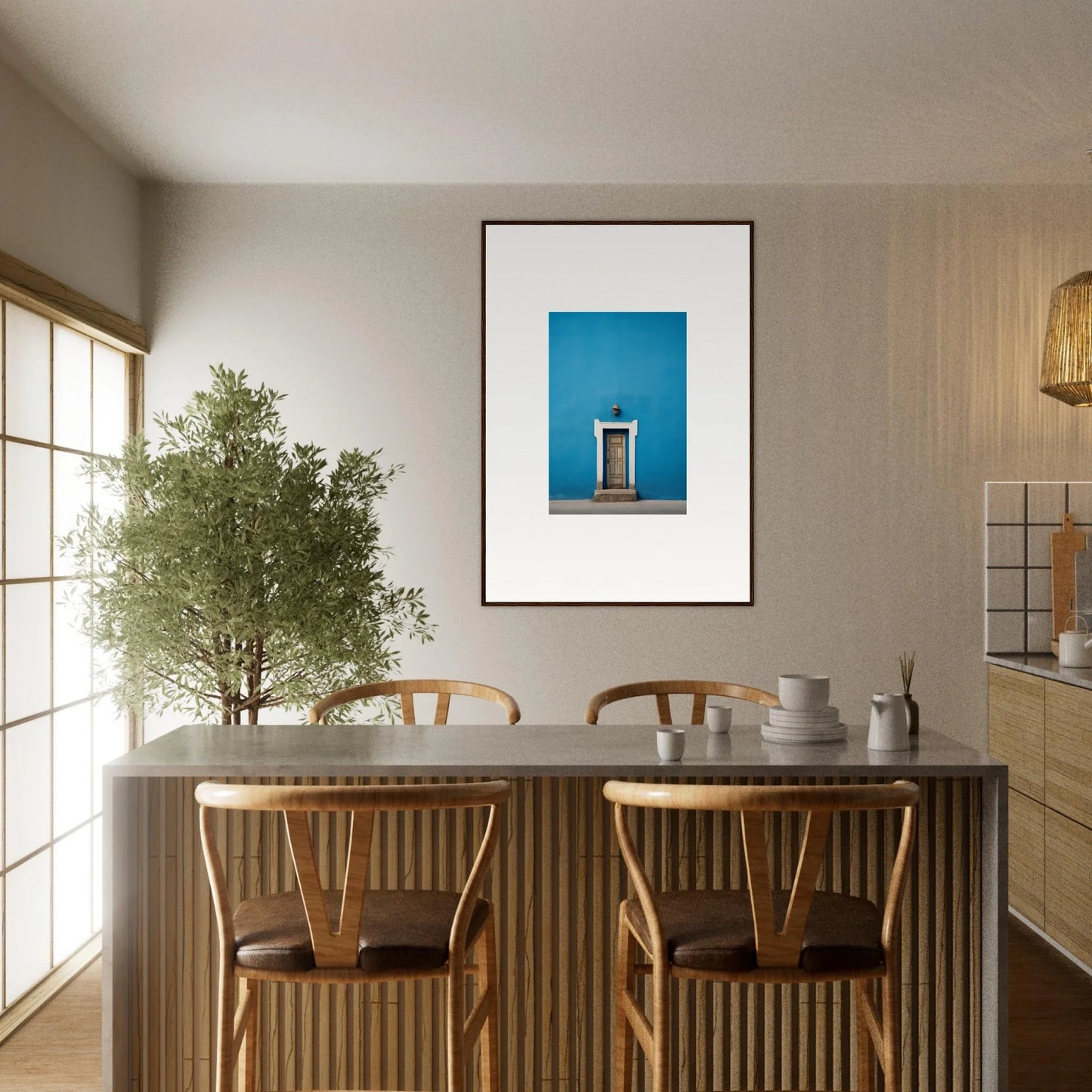 Modern dining area with wooden chairs and minimalist table in Eternal Cerulean Cloister