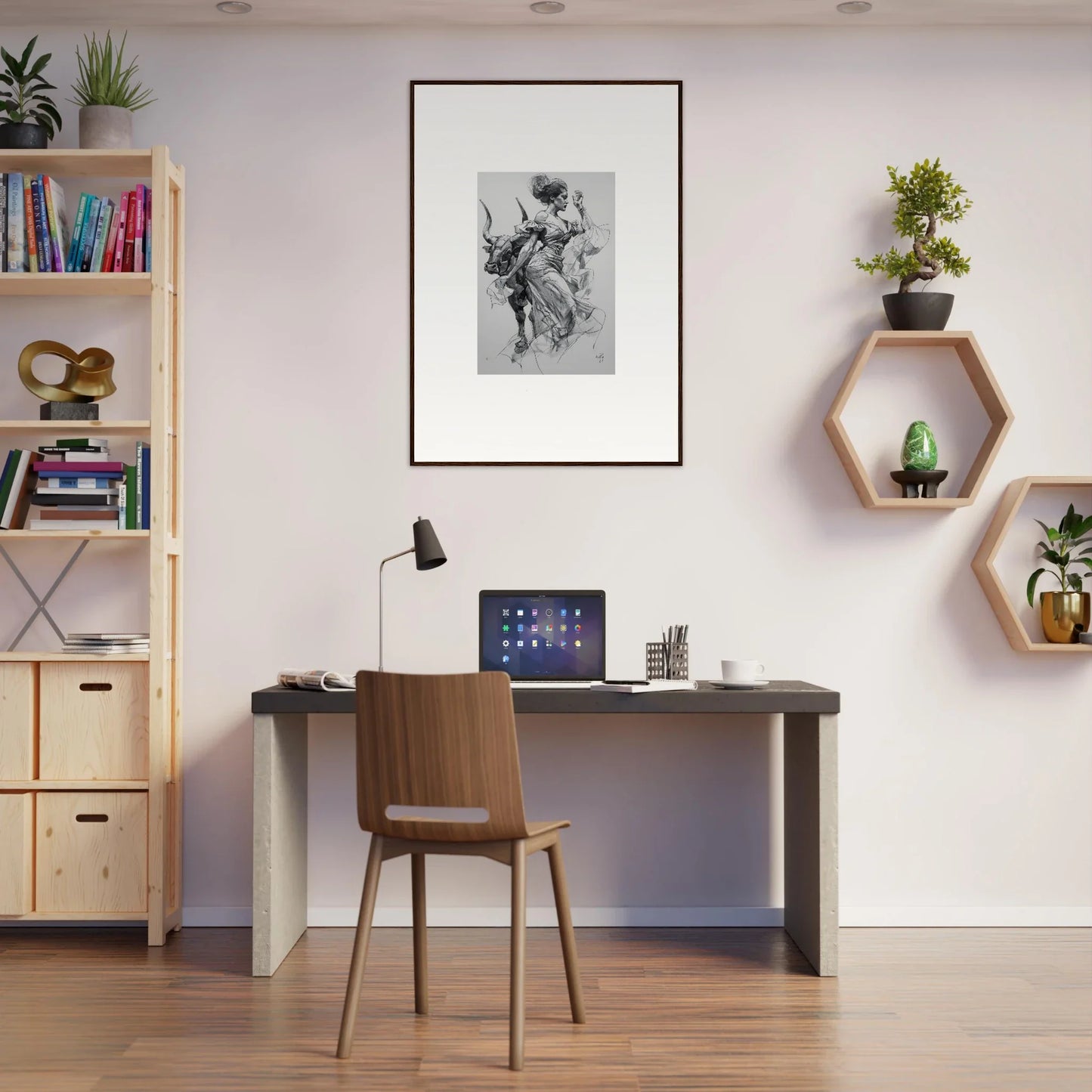 Modern home office with Sirens Veil Matador art, dark desk, and hexagonal shelves