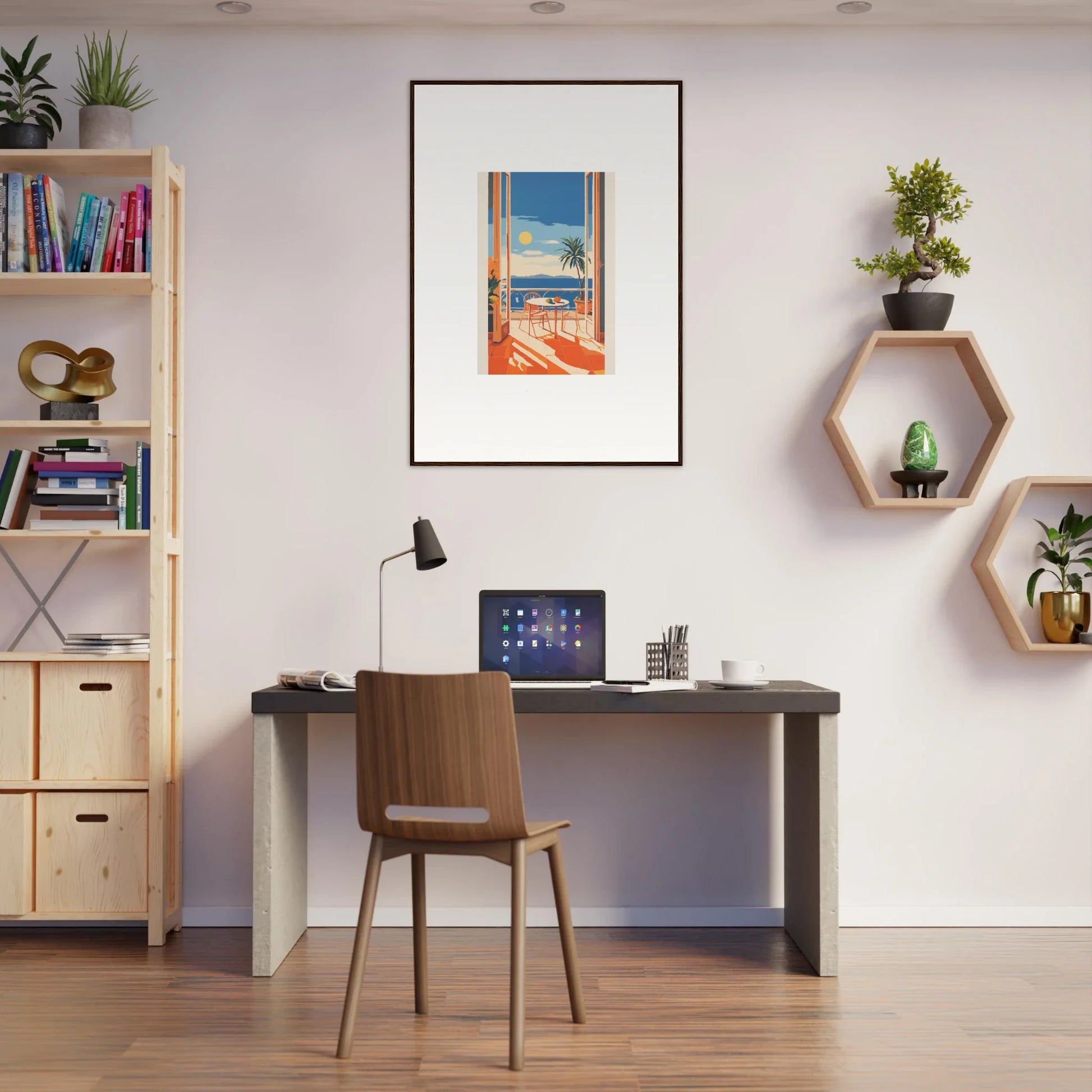 Modern home office with a dark desk and chair, featuring Tranquil Mirage Brunch art