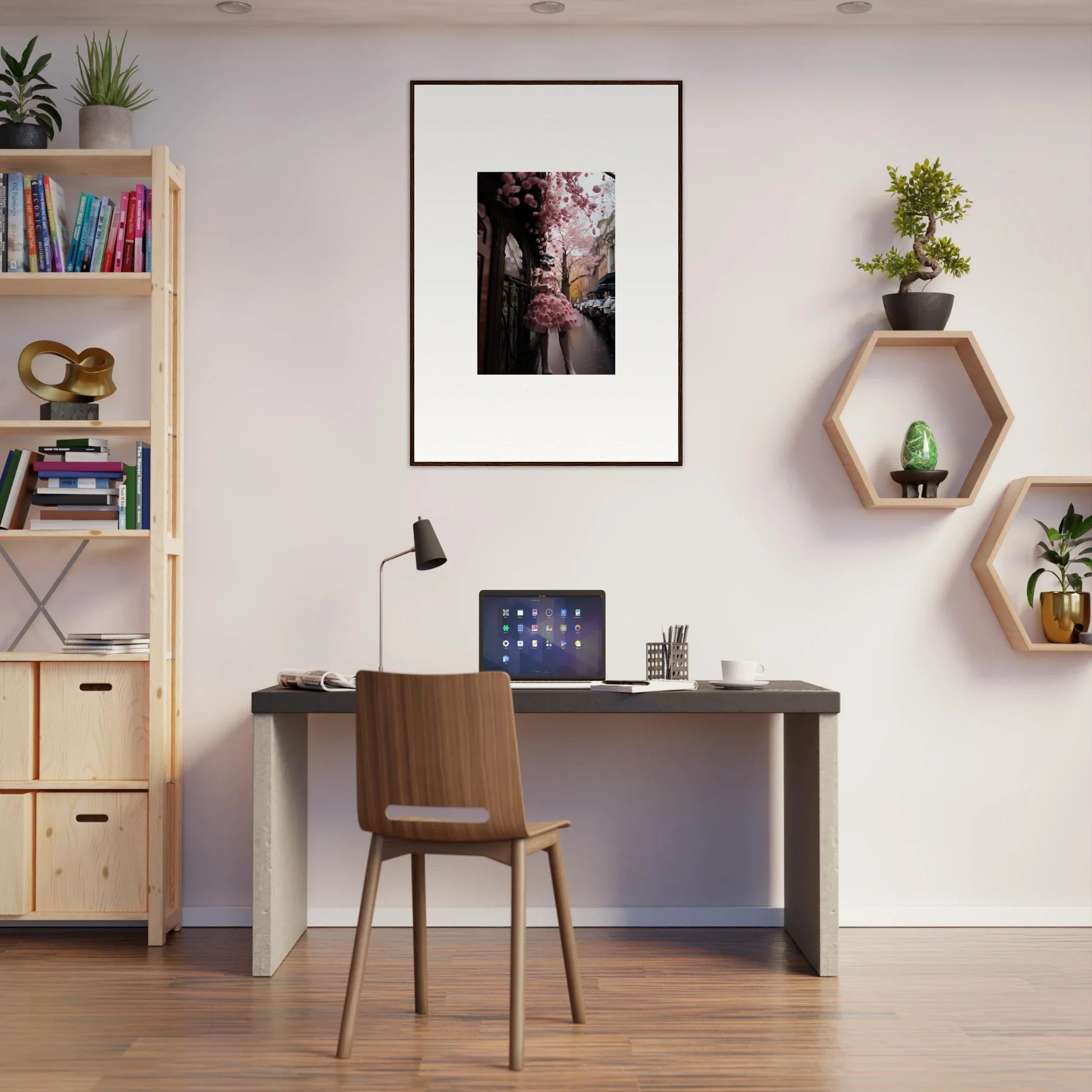 Modern home office with Petal Eccentricity Revealed art, dark desk, and hexagonal shelves