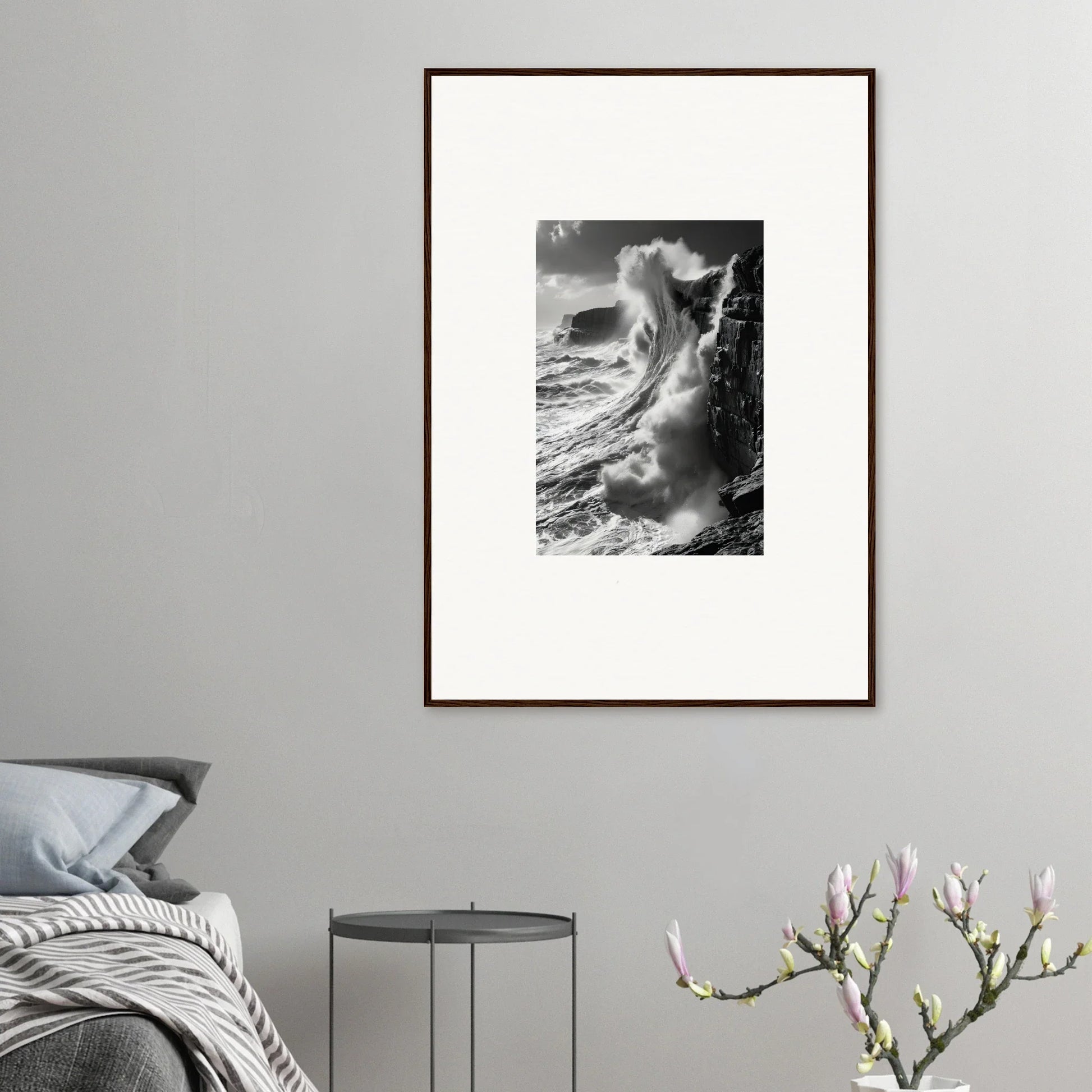 Framed black and white ocean wave art for Tidal Curved Reality special edition art™