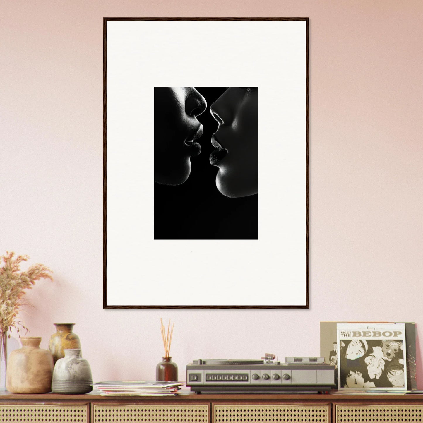 Black and white framed wall art of two silhouetted profiles in Midnight Kiss Darkness