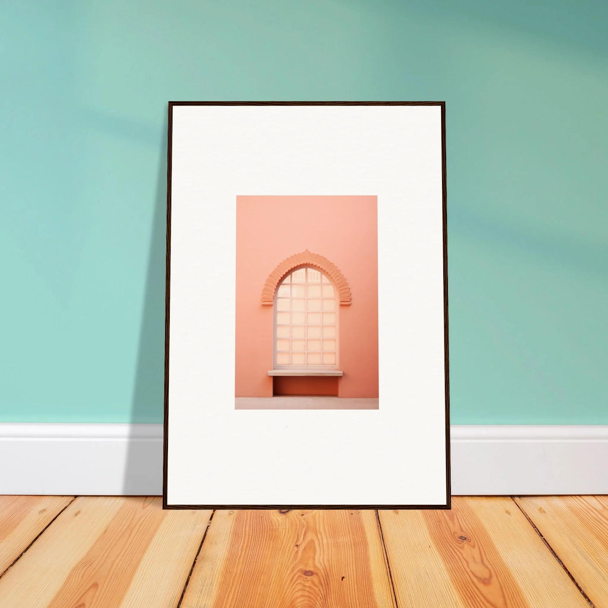 Framed wall art of a pink arched window from Windows Morning Whisper collection