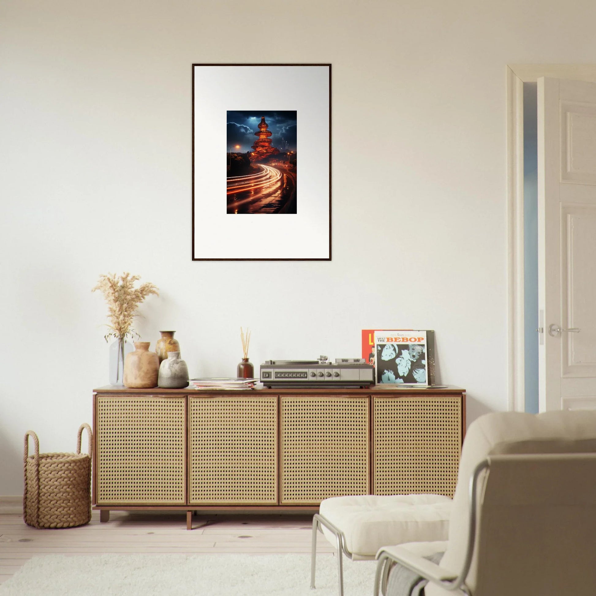 Rattan-fronted wooden credenza perfect for your Hyperloop Dreams Extravaganza decor