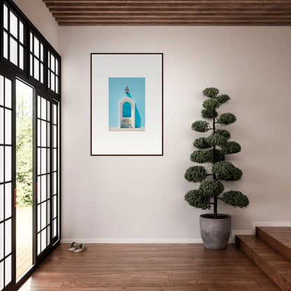 Framed wall art of a white bell tower in an Ethereal Mediterranean Pause setting