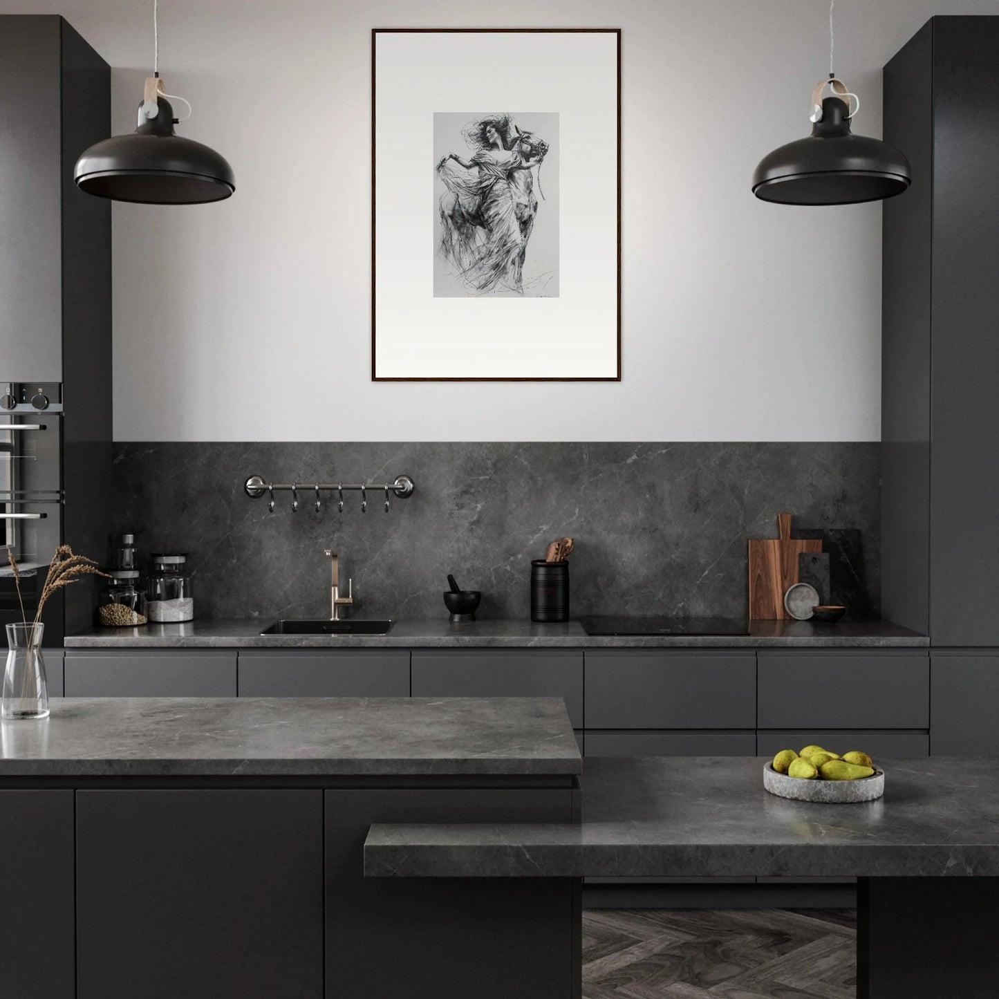 Modern dark gray kitchen with industrial lights and Equestrian Ether Euphoria artwork