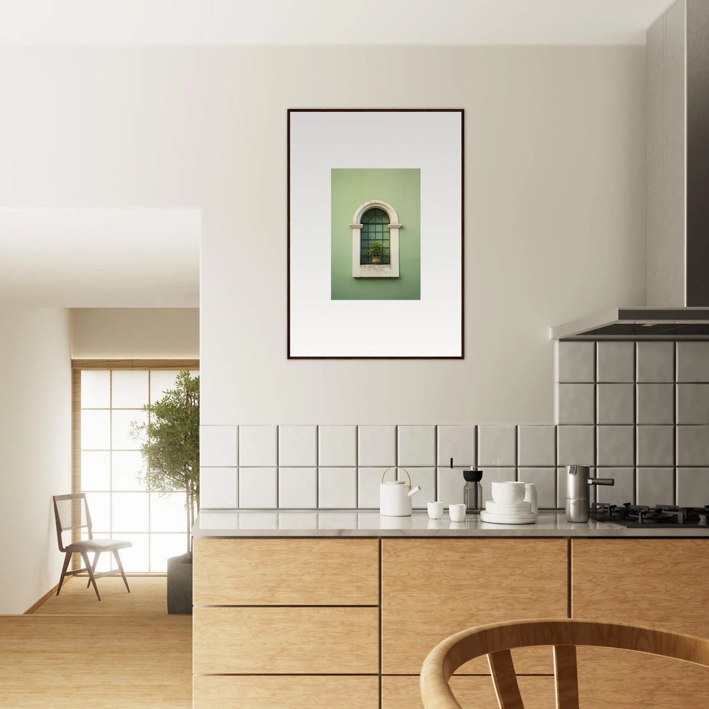 Framed wall art of arched window on green walls from Eggshell PandæmonIA Bliss