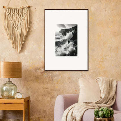 Black and white rock impressions of crashing waves framed as premium wall art