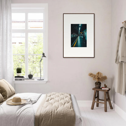 Minimalist bedroom featuring Portal Echo Anatomy premium framed wall art in teal