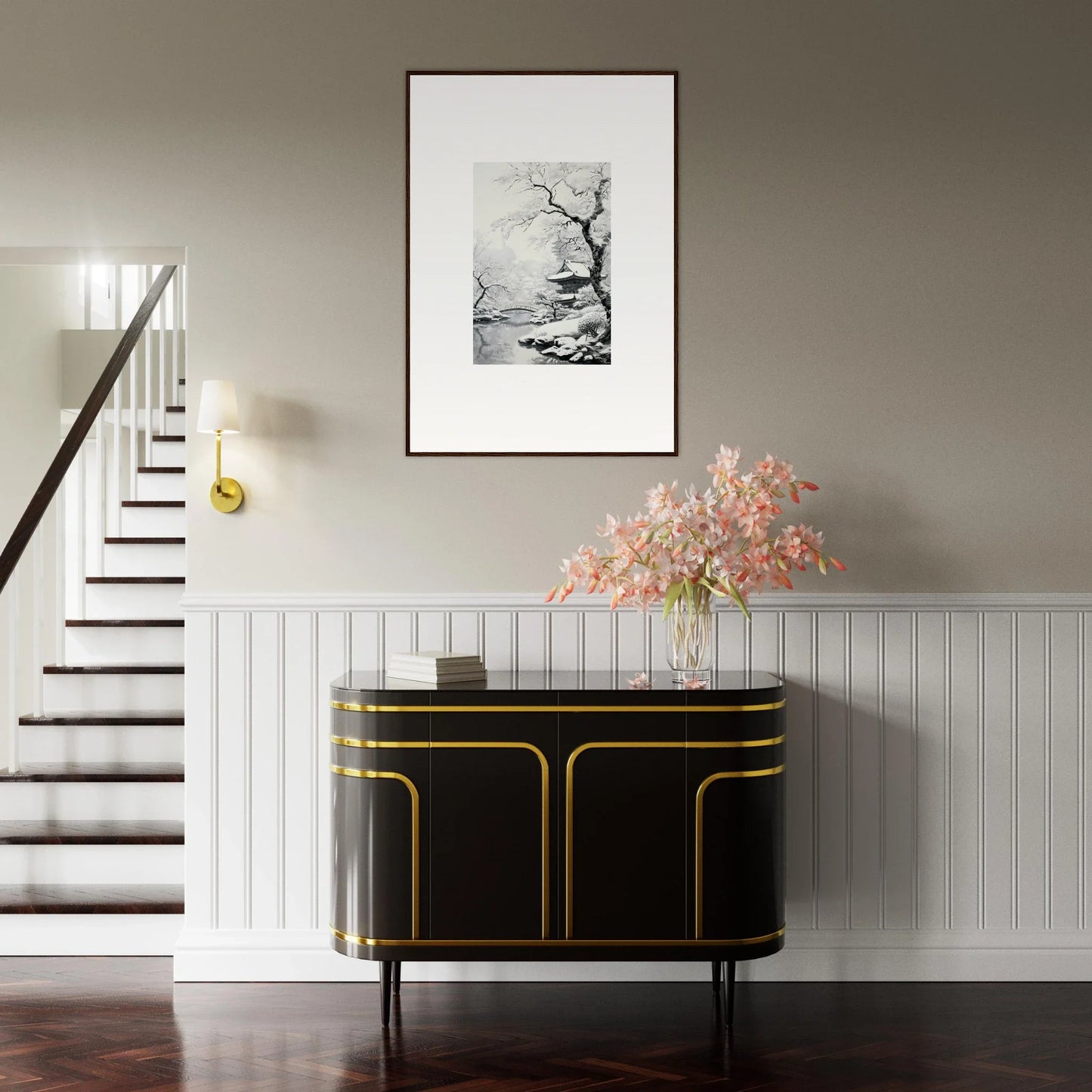 Black Art Deco sideboard with gold trim, part of the Winter Embrace Whisper collection