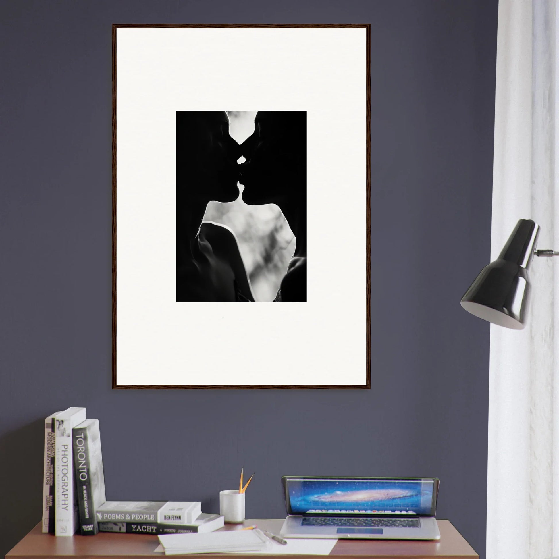 Black and white silhouette of two lovers kissing in Shadowy Dawn Nuance framed wall art