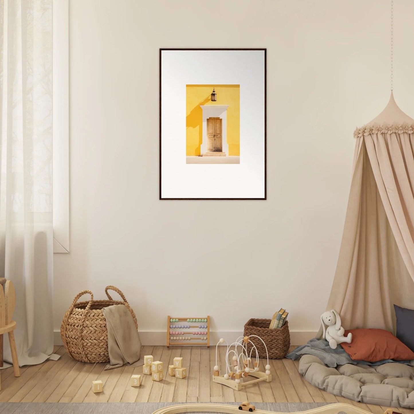 Framed wall art of a yellow bottle on yellow background from Golden Hue Portal