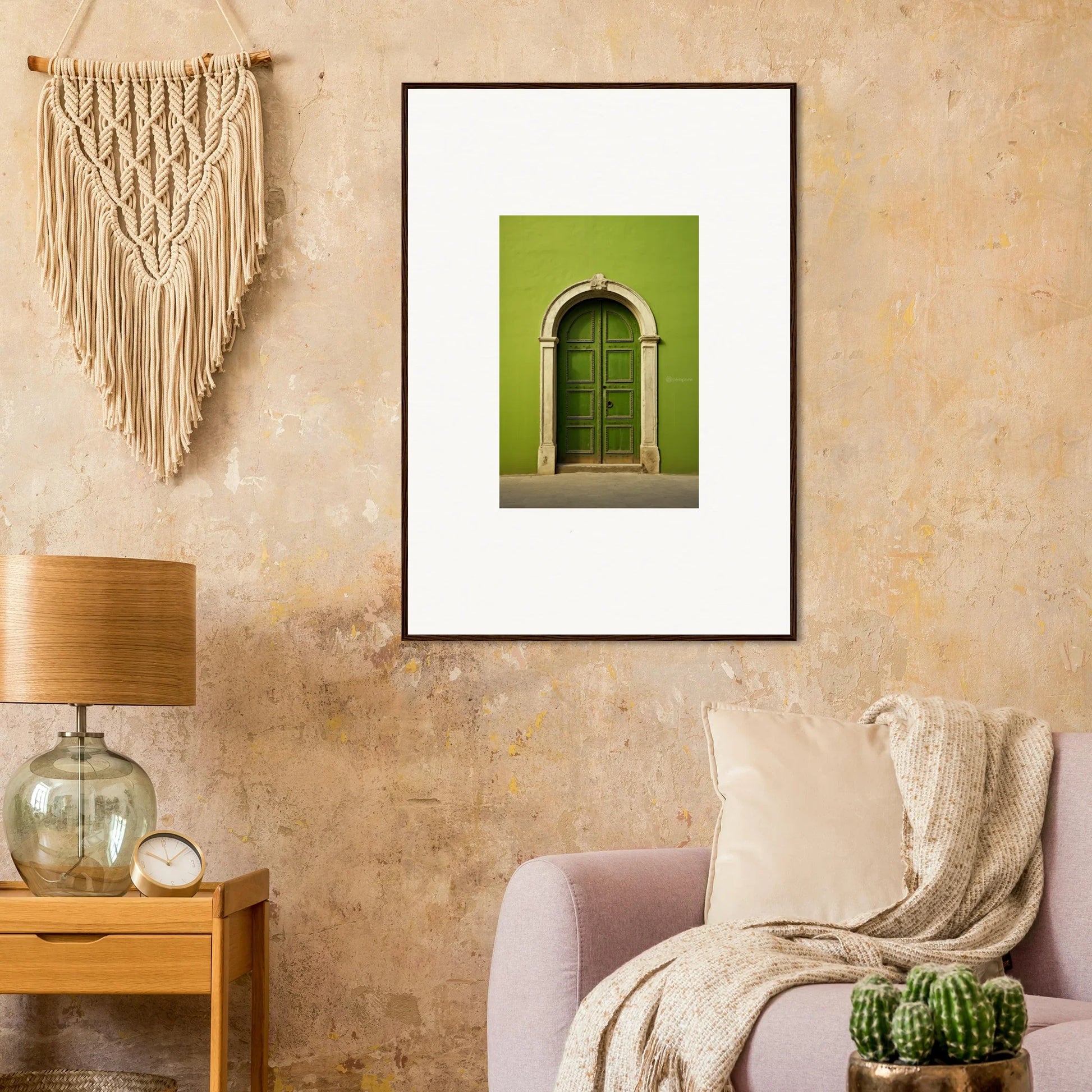 Framed photo of a green arched door on lime green wall, part of Vert Barcode Reverie