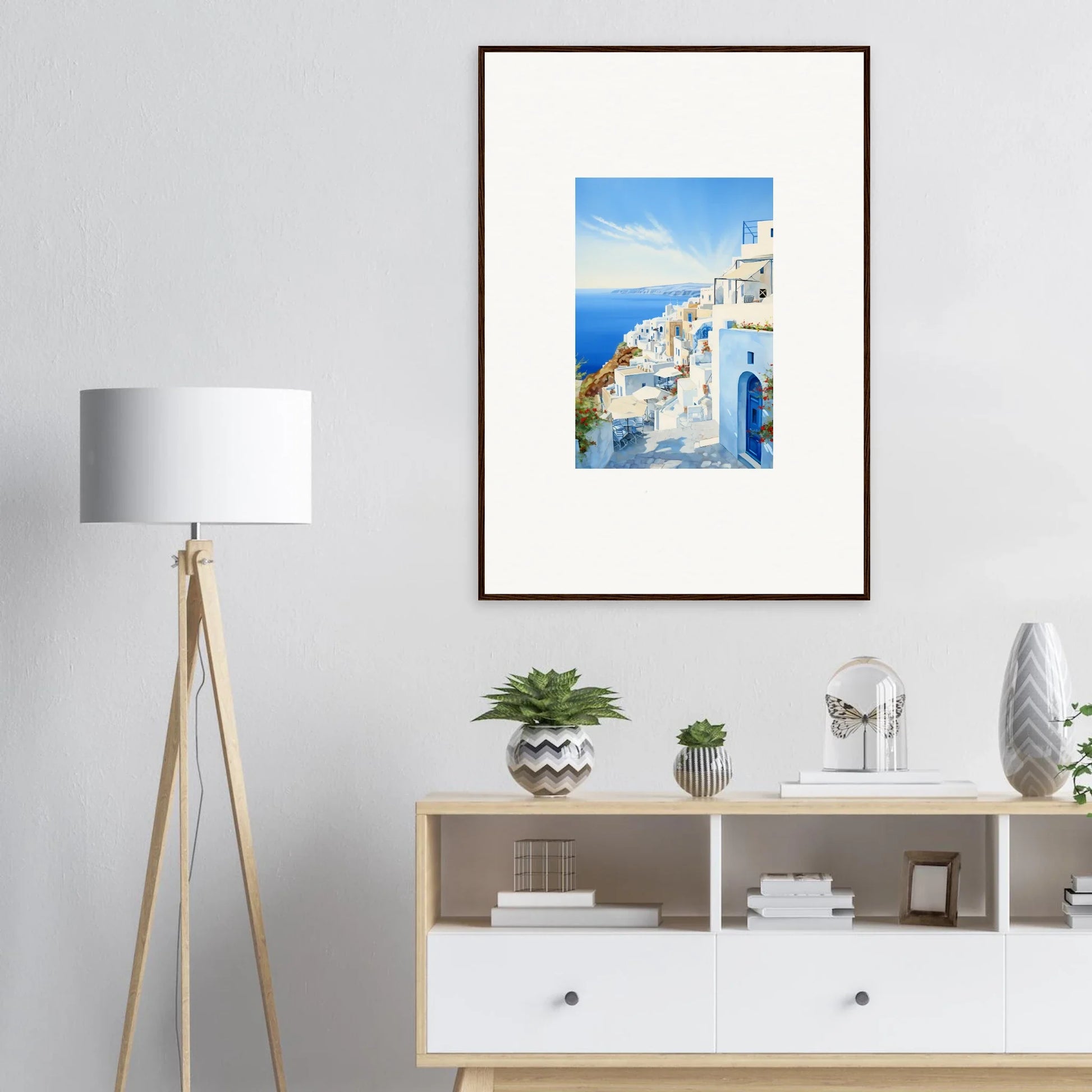 Framed Mediterranean Serenity Remastered photo of Santorini’s white buildings and blue domes