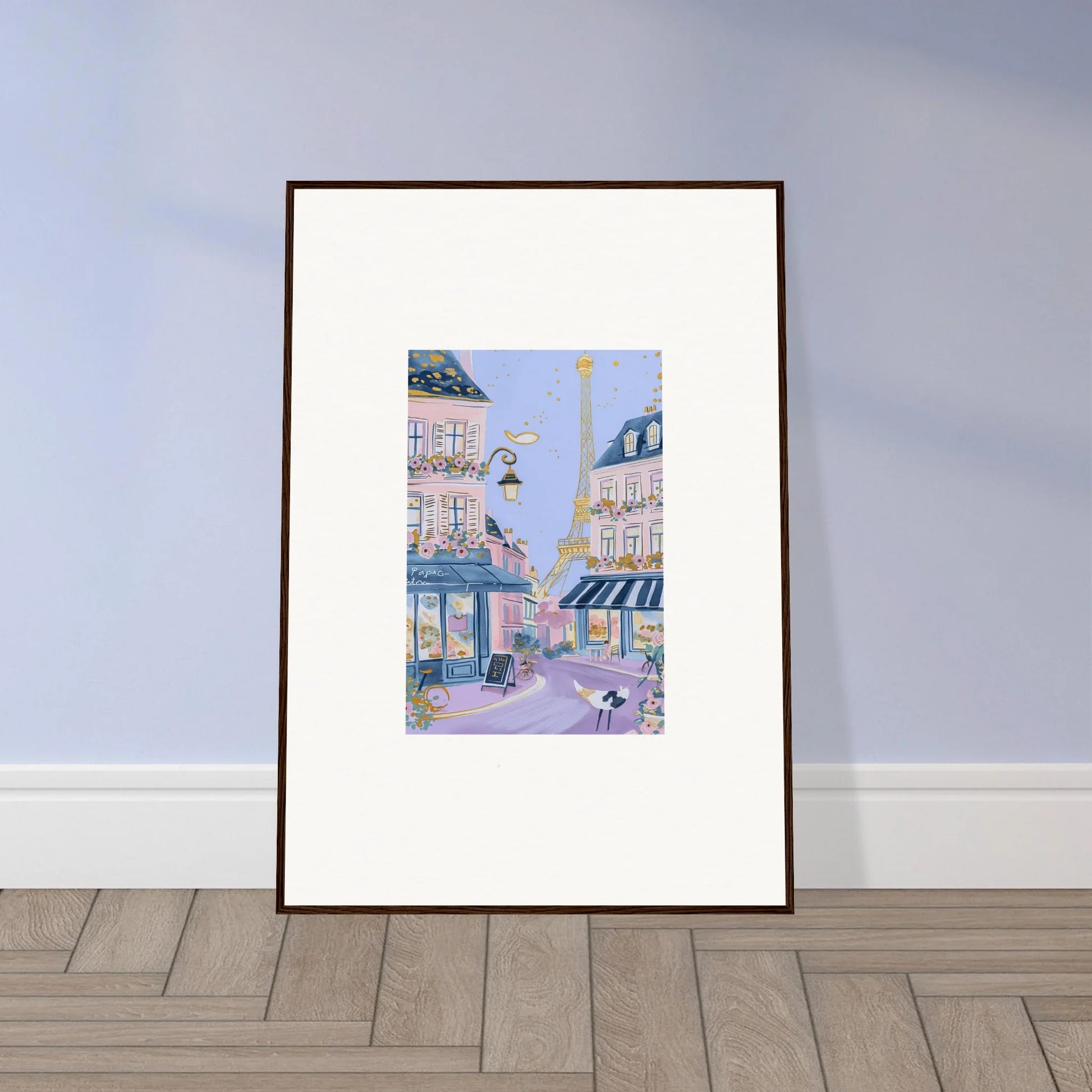 Framed wall art of a whimsical Parisian street scene from Hat Lemons Paris