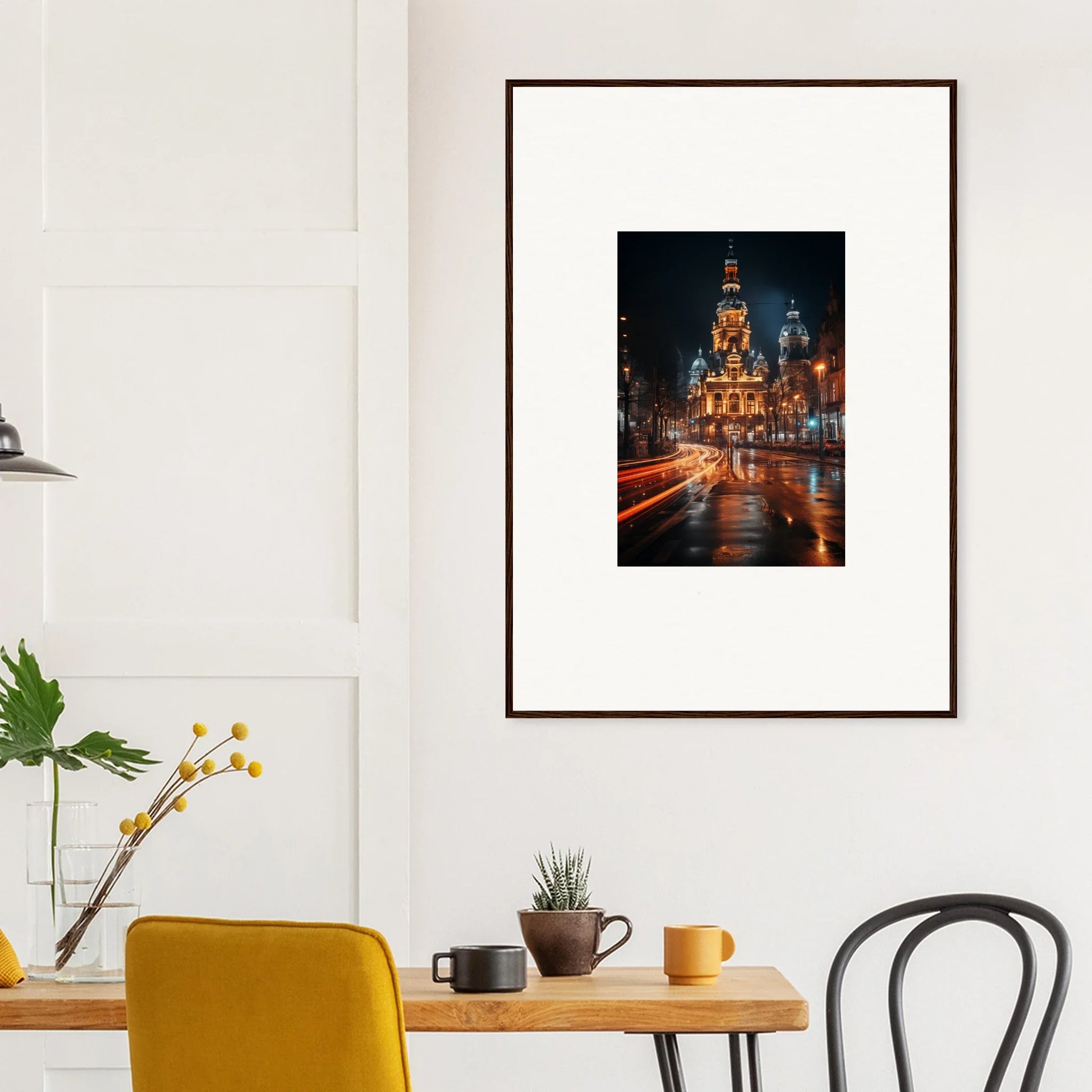 Framed Midnight Highway Mirage capturing an illuminated cathedral with reflections at night