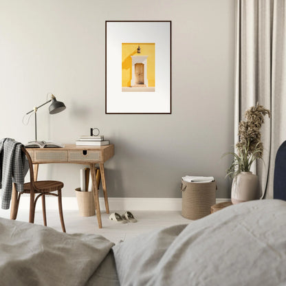 Framed wall art of a yellow bottle on light background from Golden Hue Portal