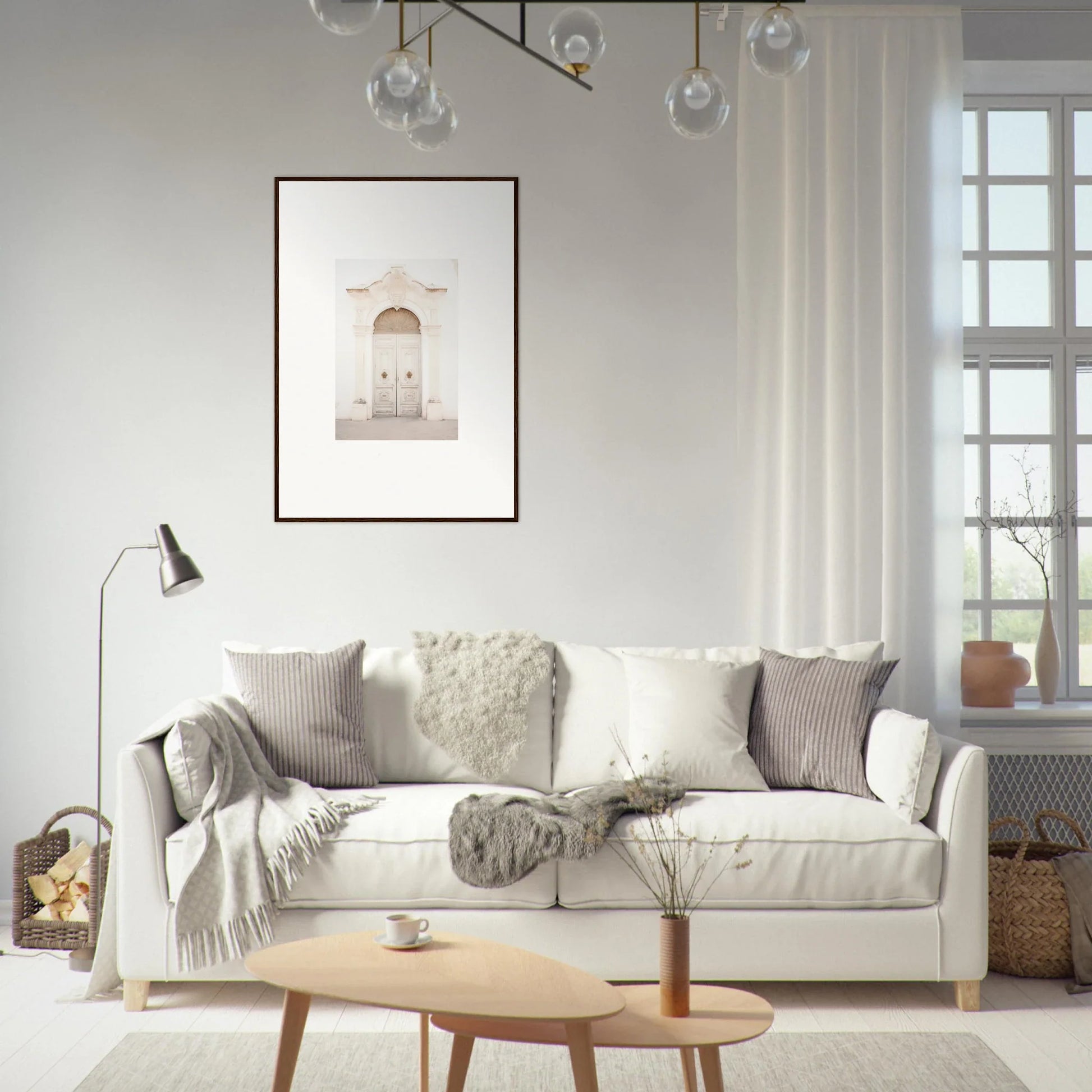 White sofa styled with gray and cream pillows, perfect for Faded Elegance Whispers vibe