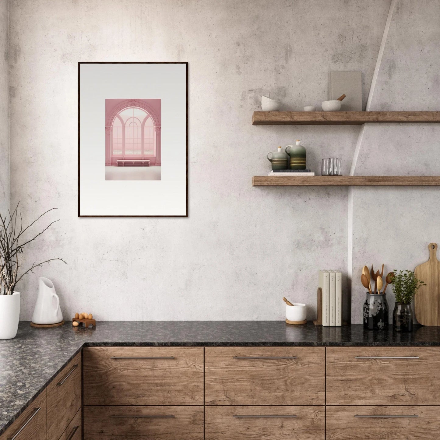 Modern kitchen cabinetry with wooden drawers and dark countertop from Solitude’s Rosy Asana