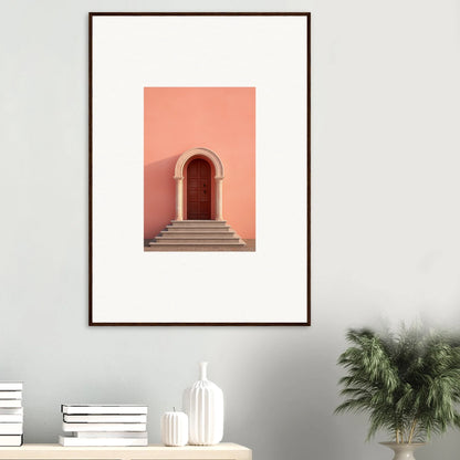 Framed art print of Ethereal Sunset Gateway with pink arched doorway and steps