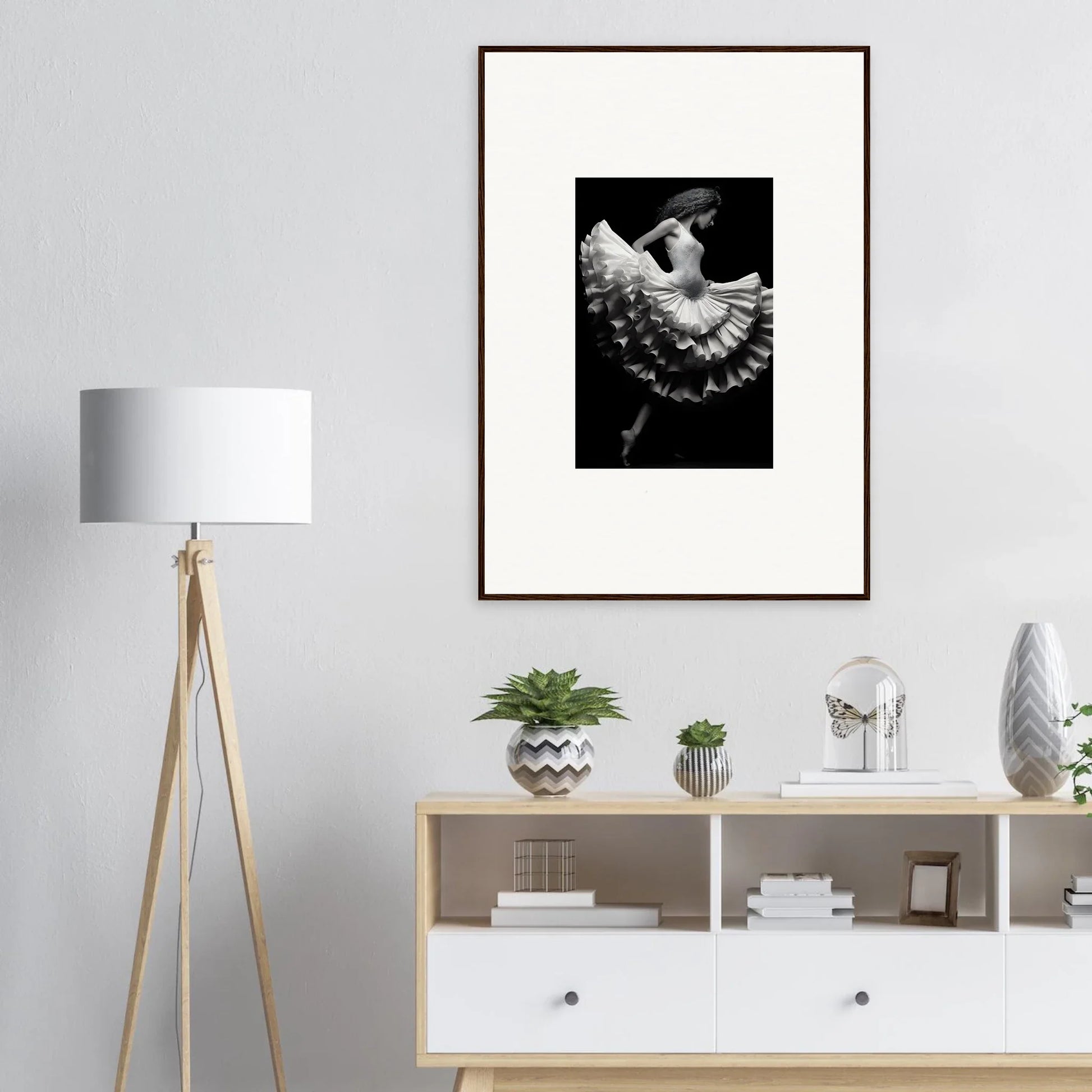 Black and white framed wall art of a dancer in Ethereal Waltz Silence mid-twirl