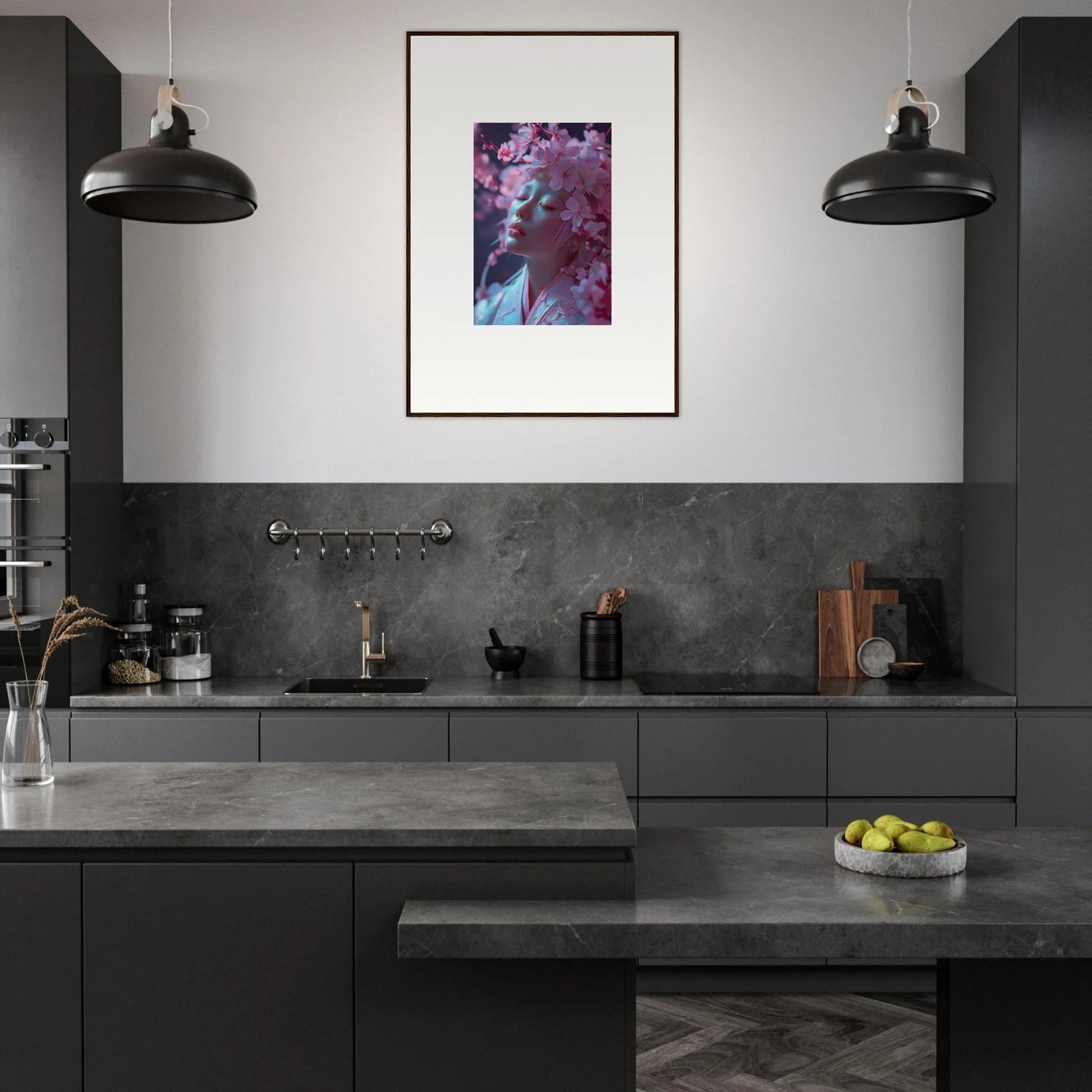 Modern kitchen with dark cabinets and colorful canvas print wall art, Sakura Whispers