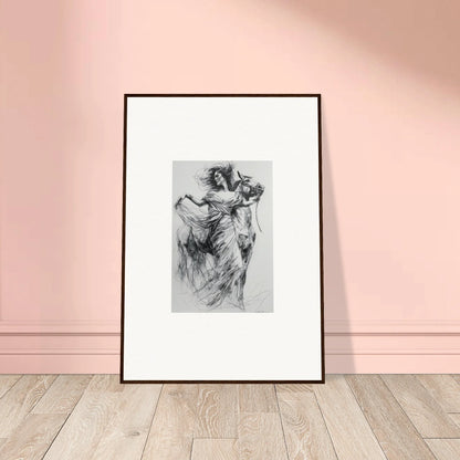 Framed black and white sketch of a flowing figure in Equestrian Ether Euphoria art