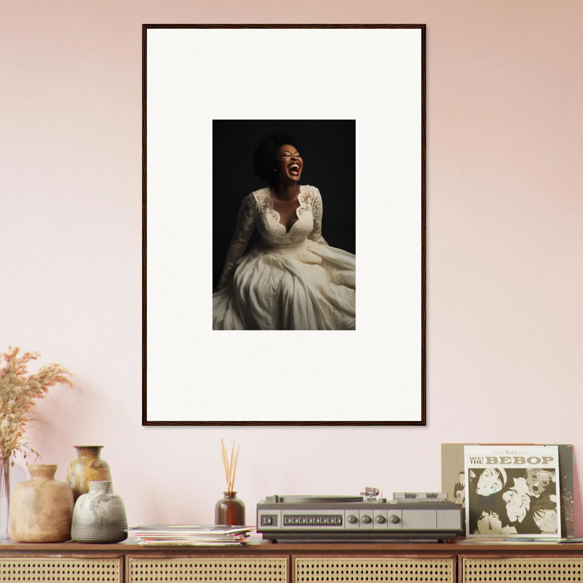 Framed black and white portrait in flowing white dress from Luminescent Joy Echoes