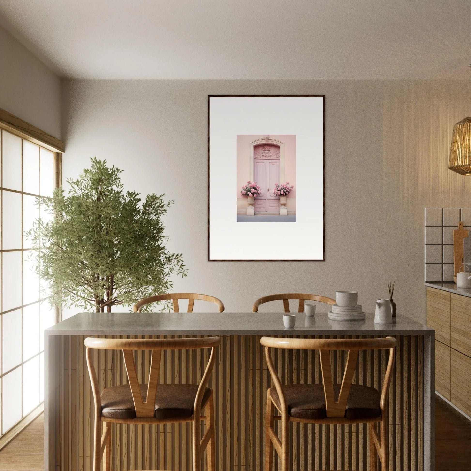 Minimalist dining table with wooden wishbone chairs and a potted olive tree in Rosy Cosmos Gateway