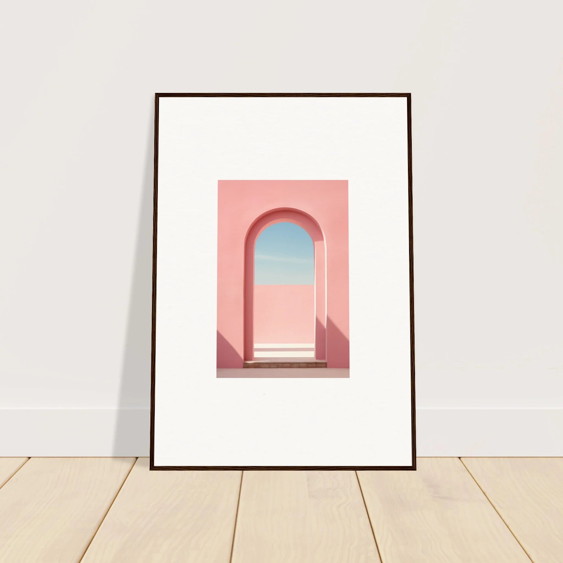 Framed art print Echo of Horizons showcasing a pink archway against a blue sky