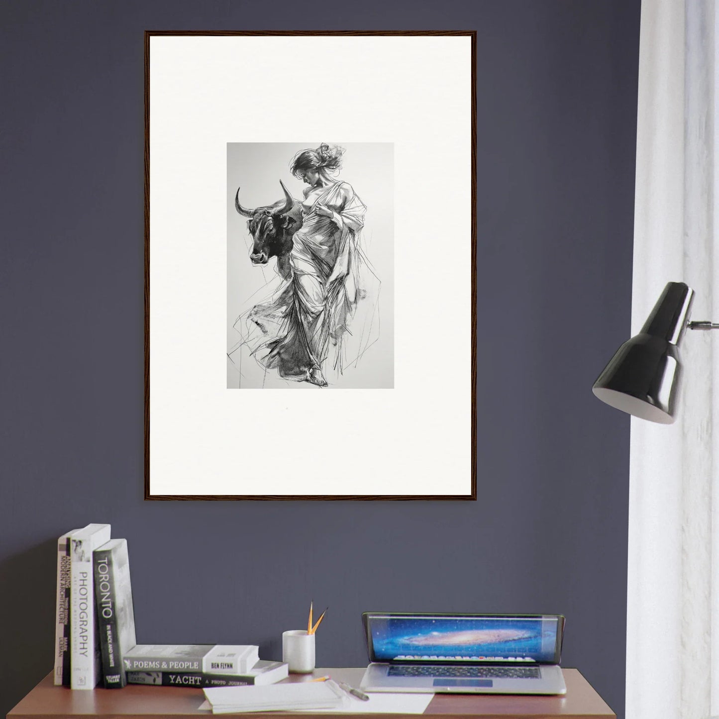 Framed black and white sketch of a figure with a bull for Splashing Gaze Melds