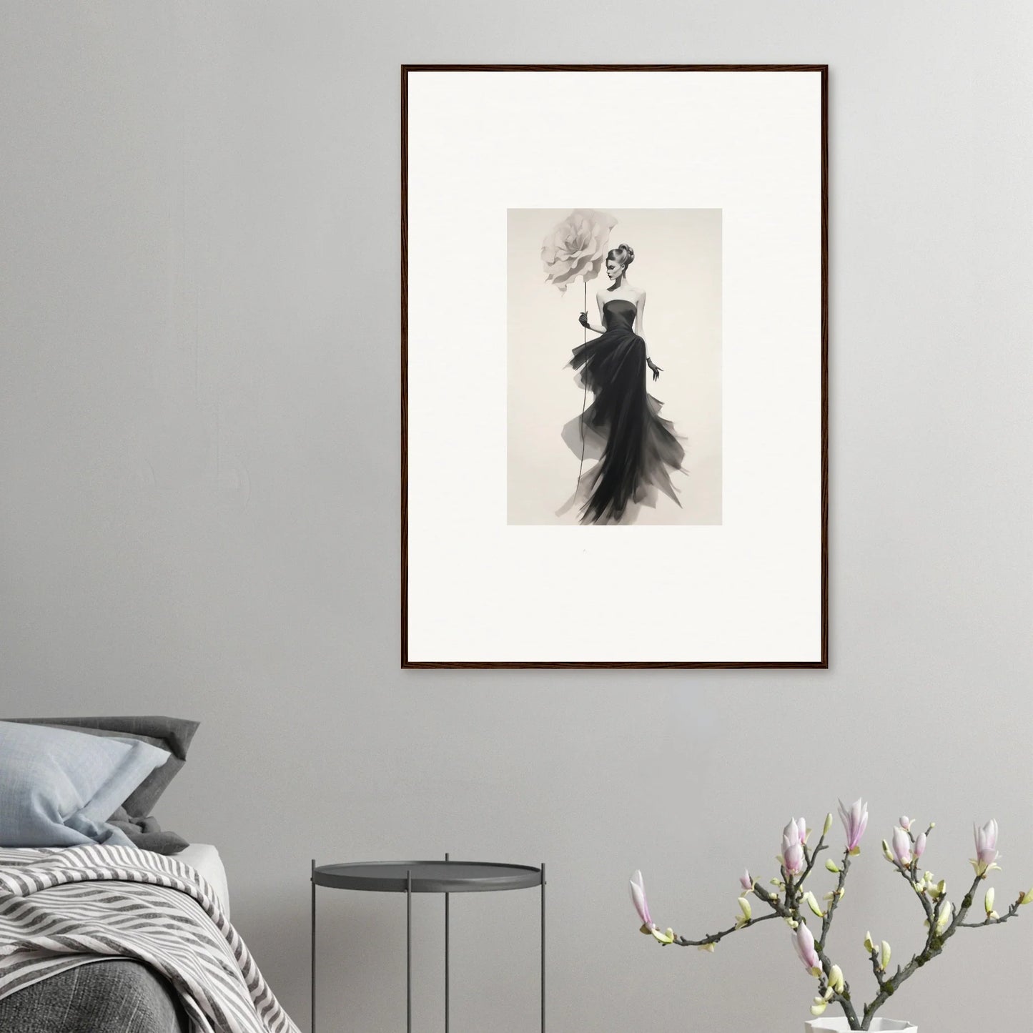 Framed black and white art of an ethereal figure in flowing fabric from Opulent Reverie Lyrisans