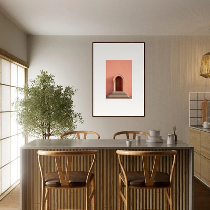 Minimalist dining setup featuring the Ethereal Sunset Gateway with wishbone chairs and olive tree