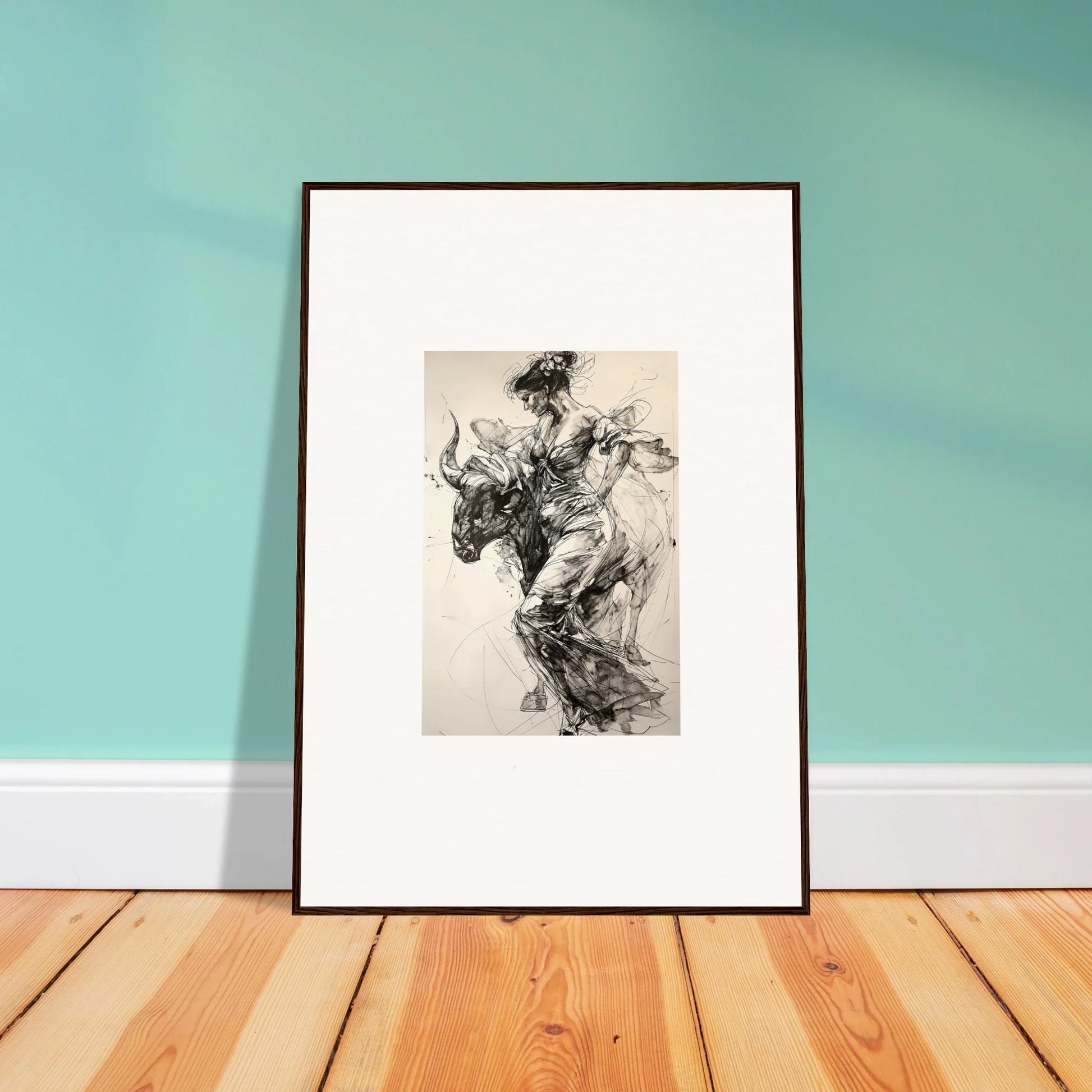 Framed black and white sketch of Labyrinthine Spanish Mirage leaning against a wall