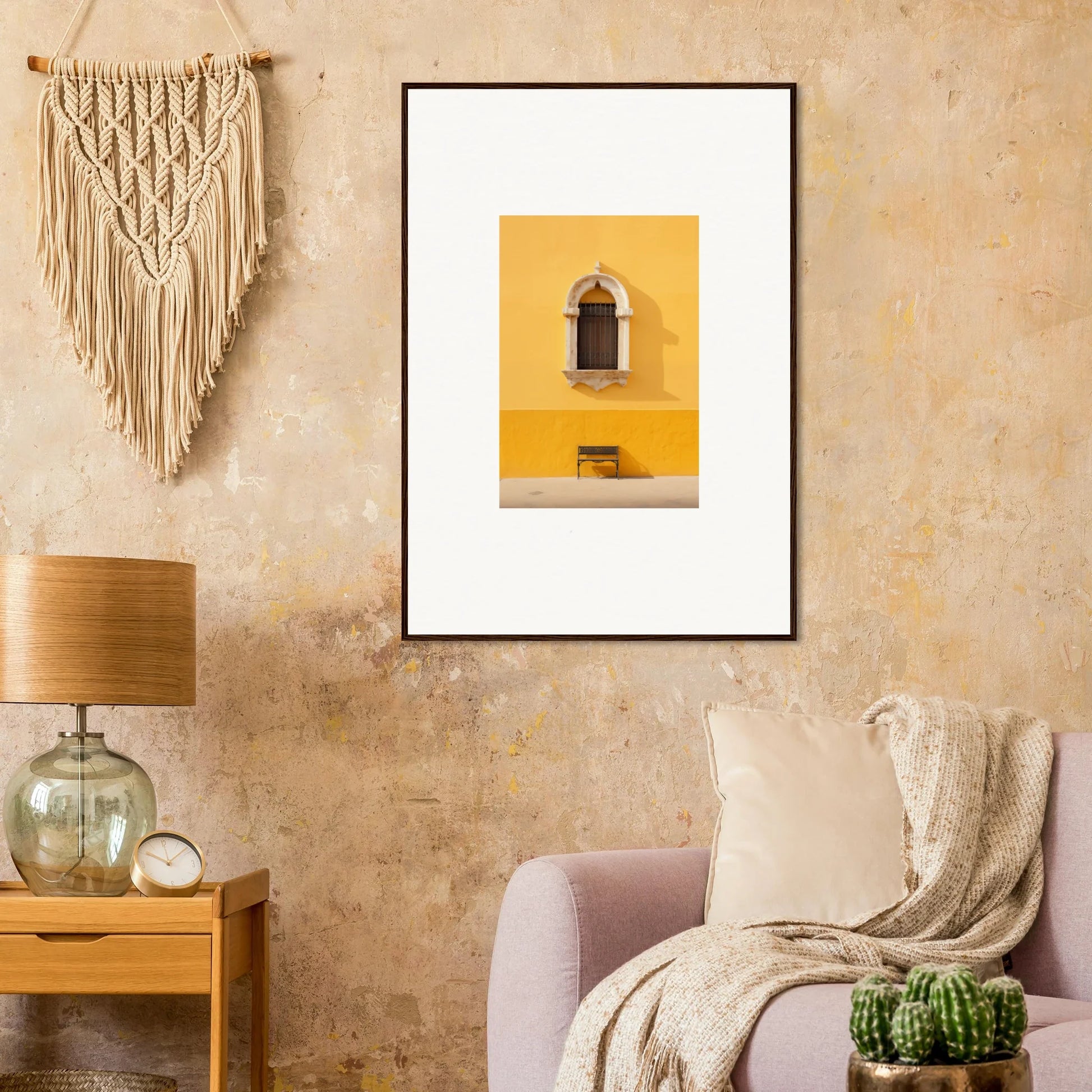 Framed photograph of a yellow wall with a small arched window for Gapes of Gargoyles special edition art™