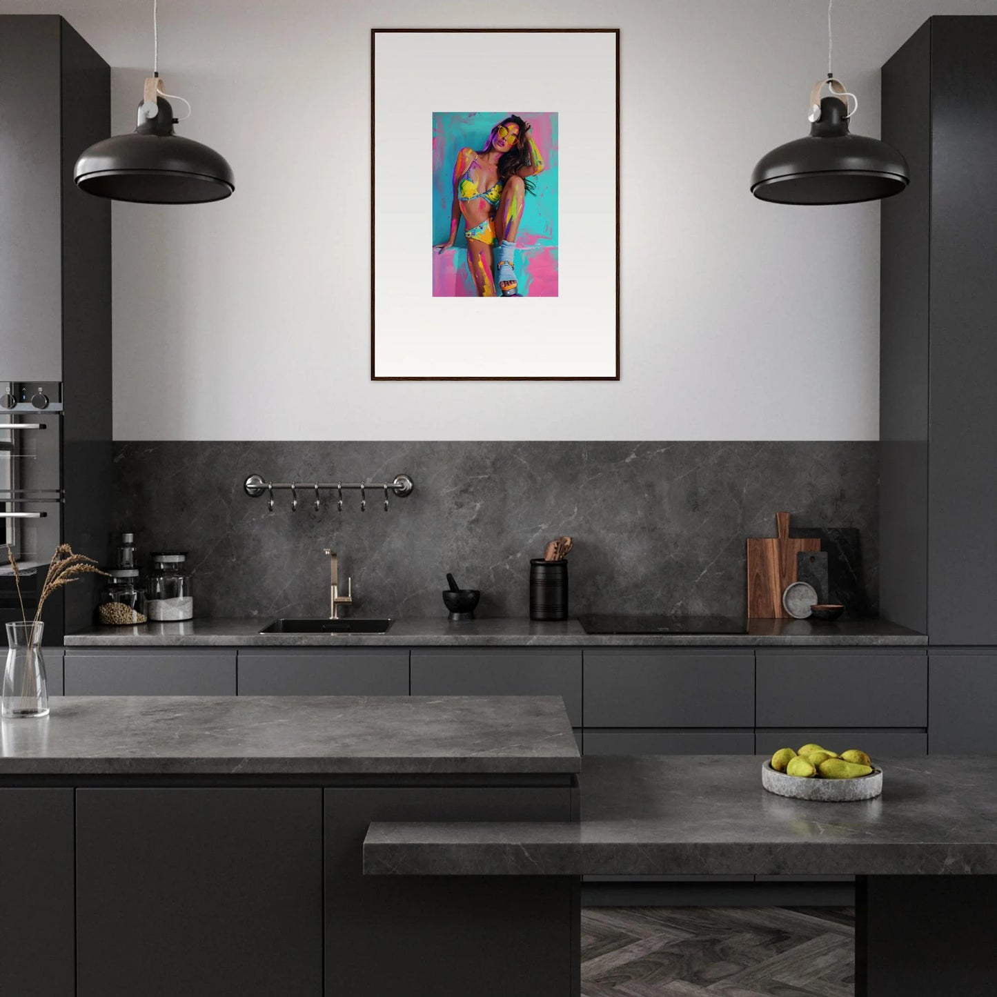 Modern kitchen with dark cabinetry and Vibrant Bliss canvas print wall art for stylish room decoration