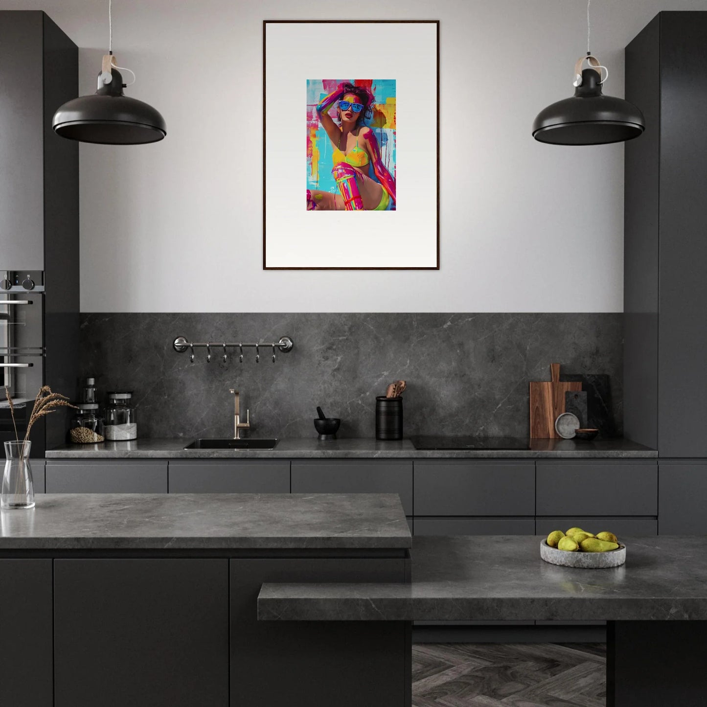 Stylish dark gray kitchen featuring Vibrant Expression canvas print as unique wall art