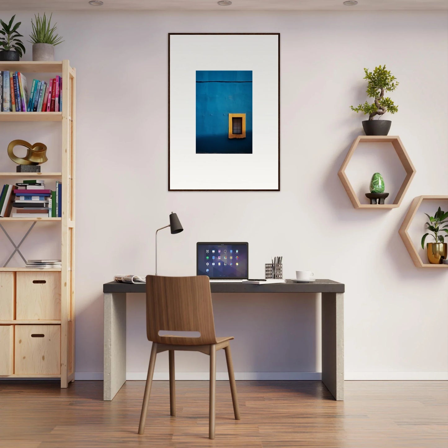 Modern home office featuring Hypercolor Dreamscape Longitude dark desk and wooden chair