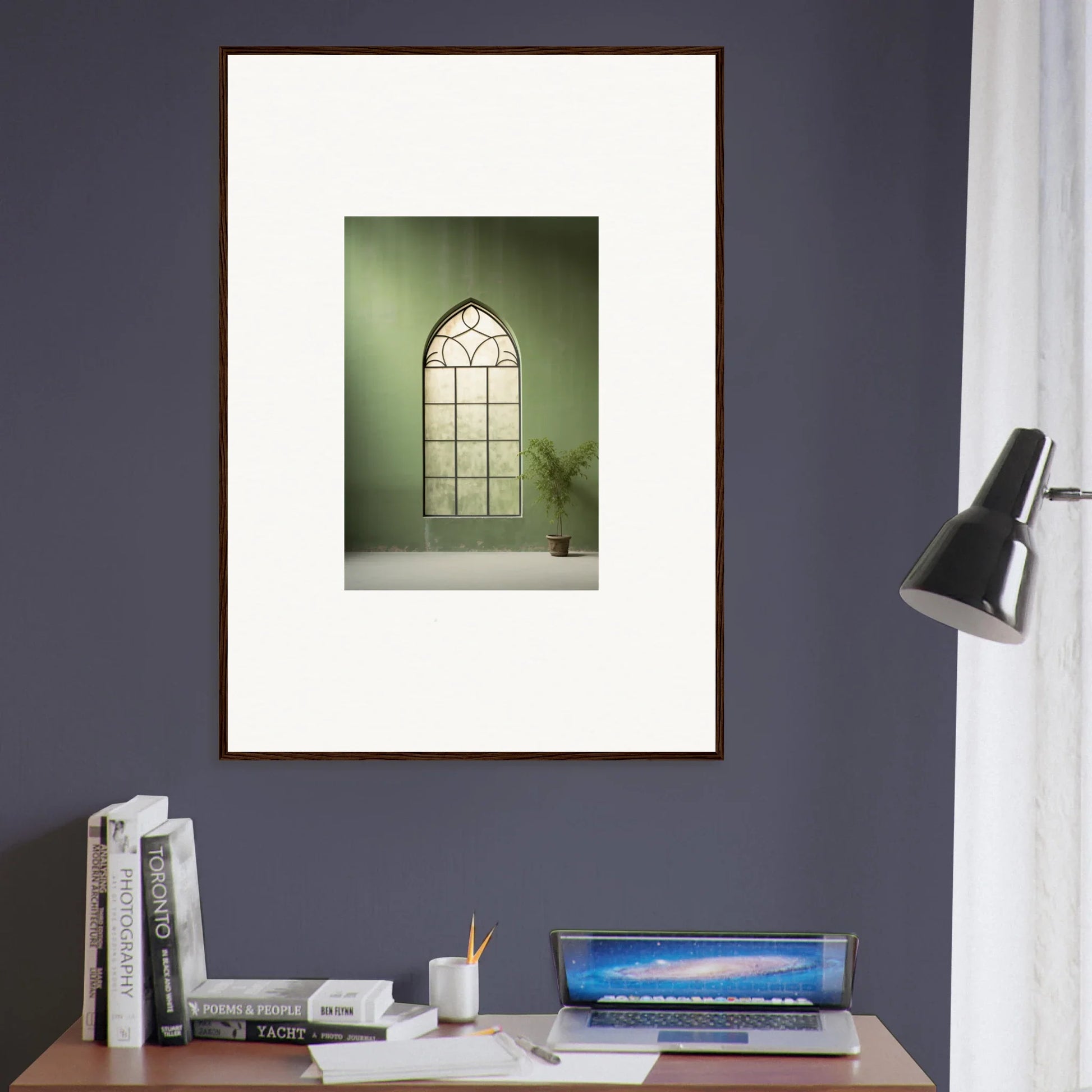 Framed art print of a church window in a green crescent atmosphere, premium wall decor