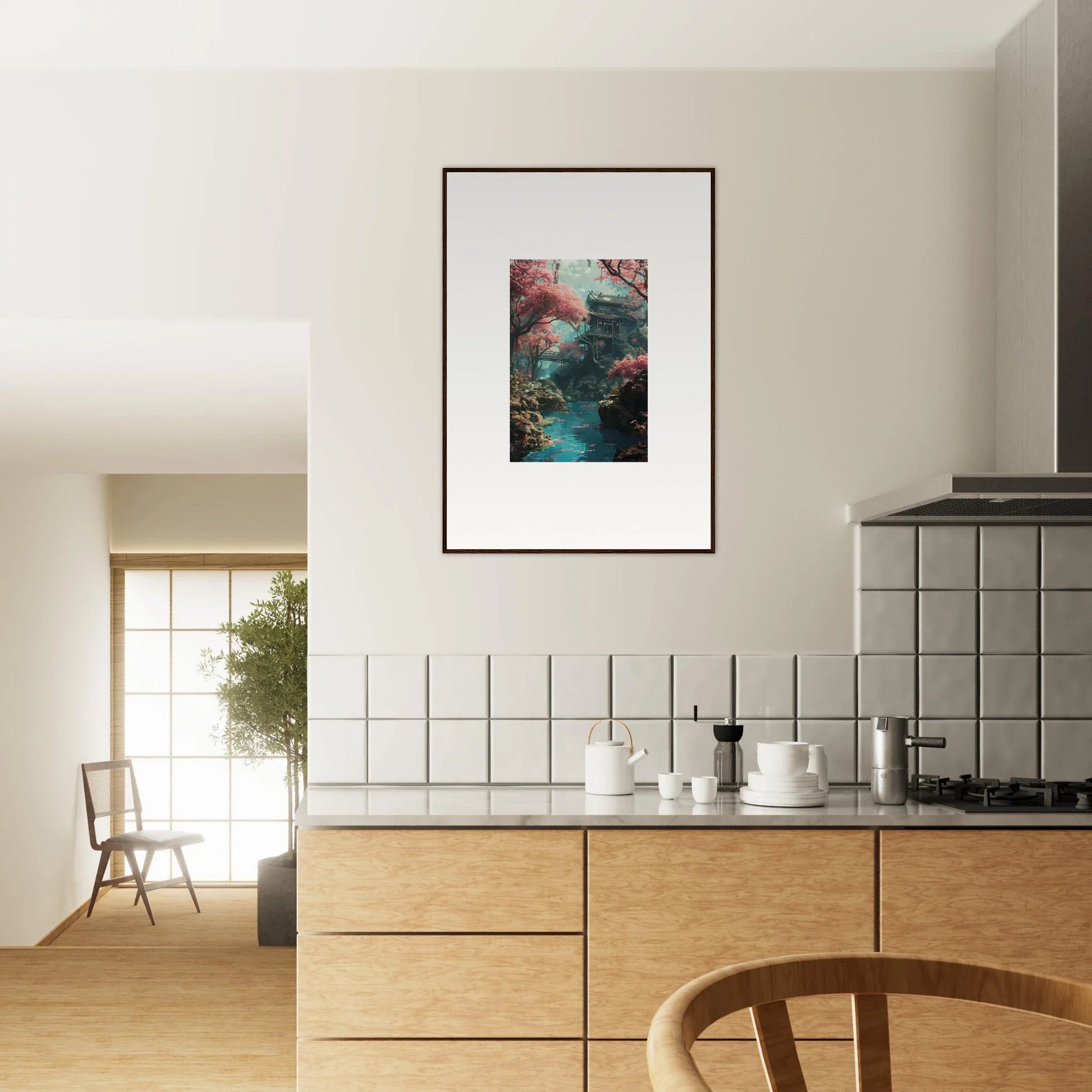 Framed wall art featuring Magenta Spirals Oscillate in teal, red, and dark tones