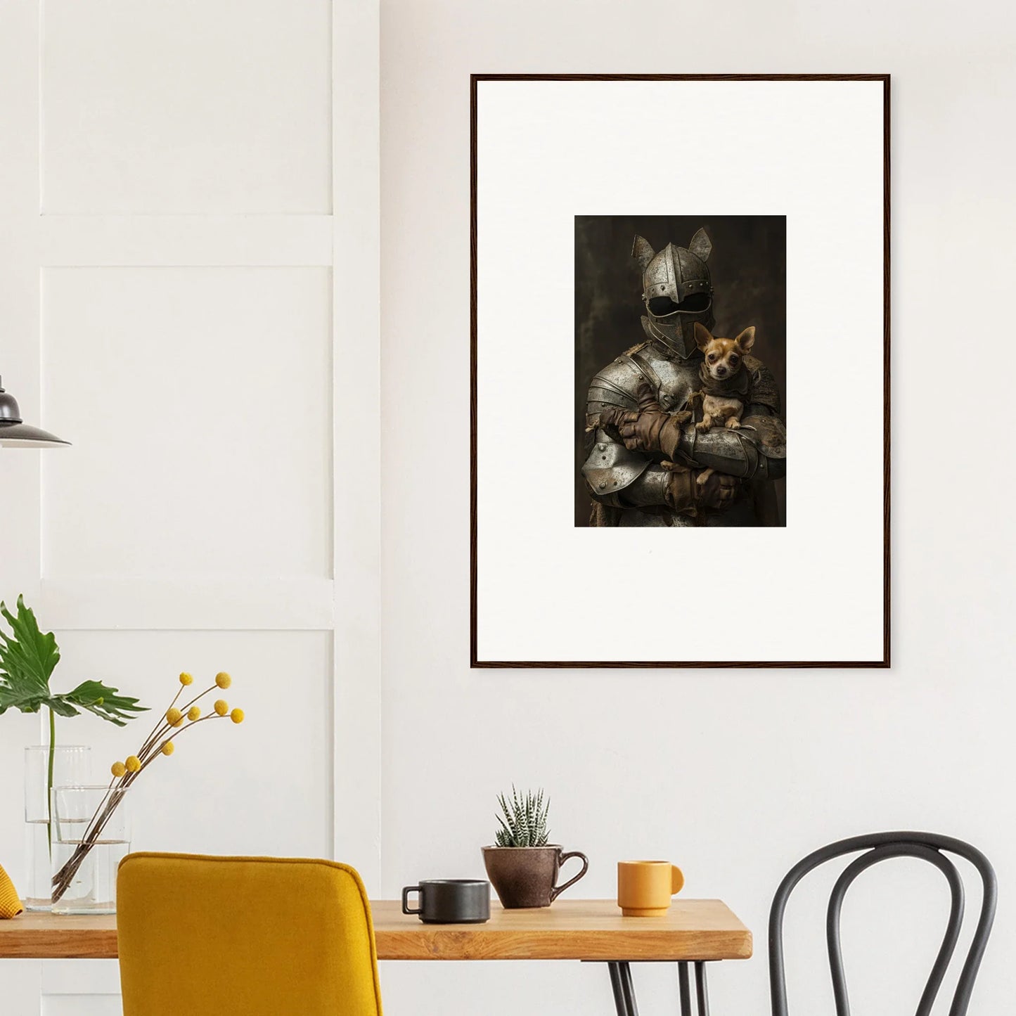 Framed wall art of a cat and armor in Serene Steel Whispers style