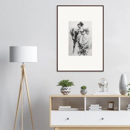 Framed black and white sketch artwork from Thoughts Unbridled Dance on a wall