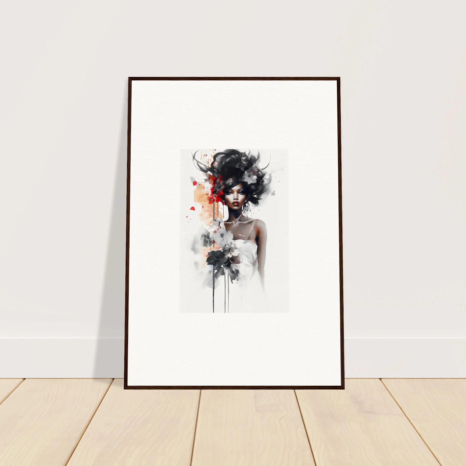 Framed watercolor art of an abstract black and red portrait from Plume Sultry Reverie