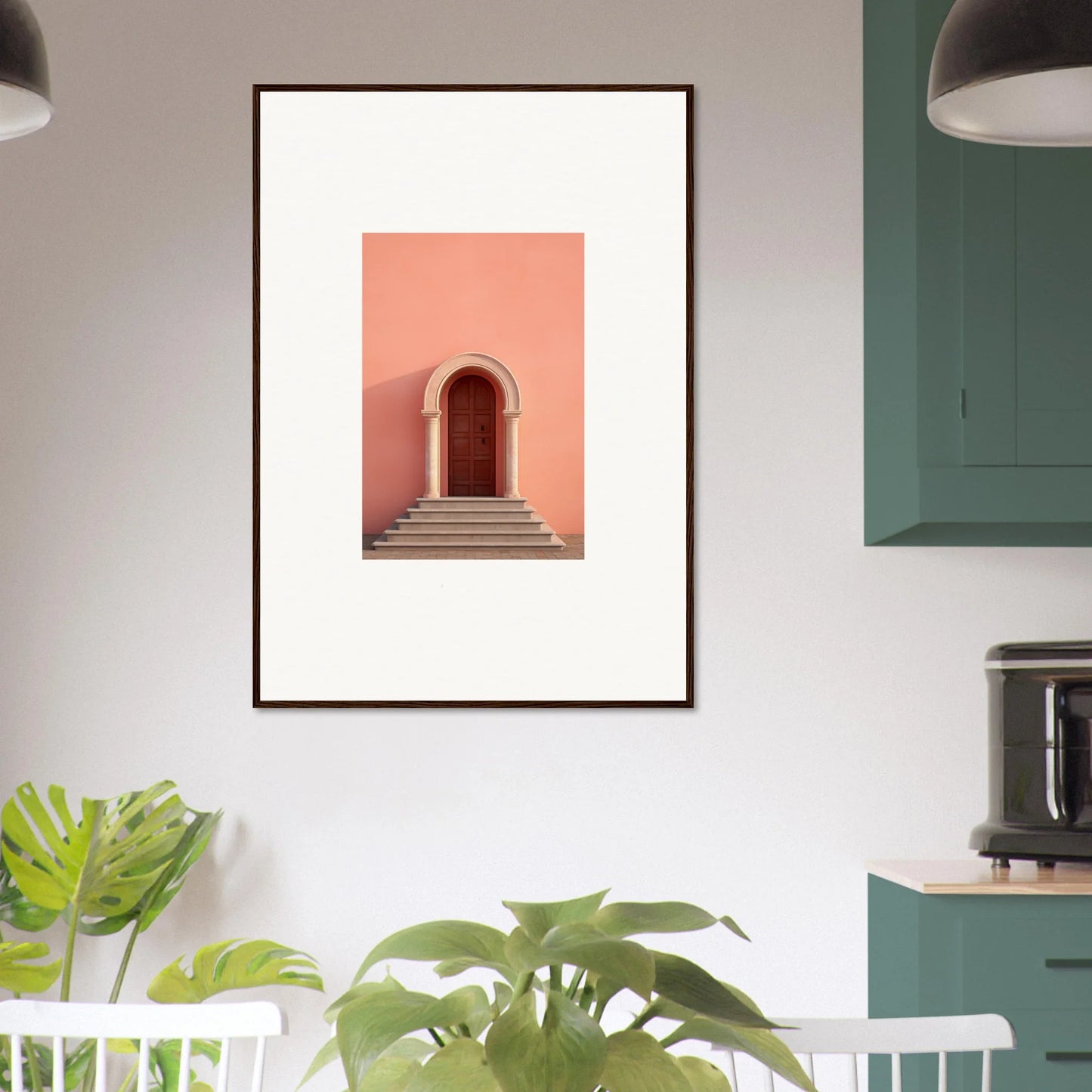 Framed art print of an ethereal sunset gateway with a pink archway and stairs