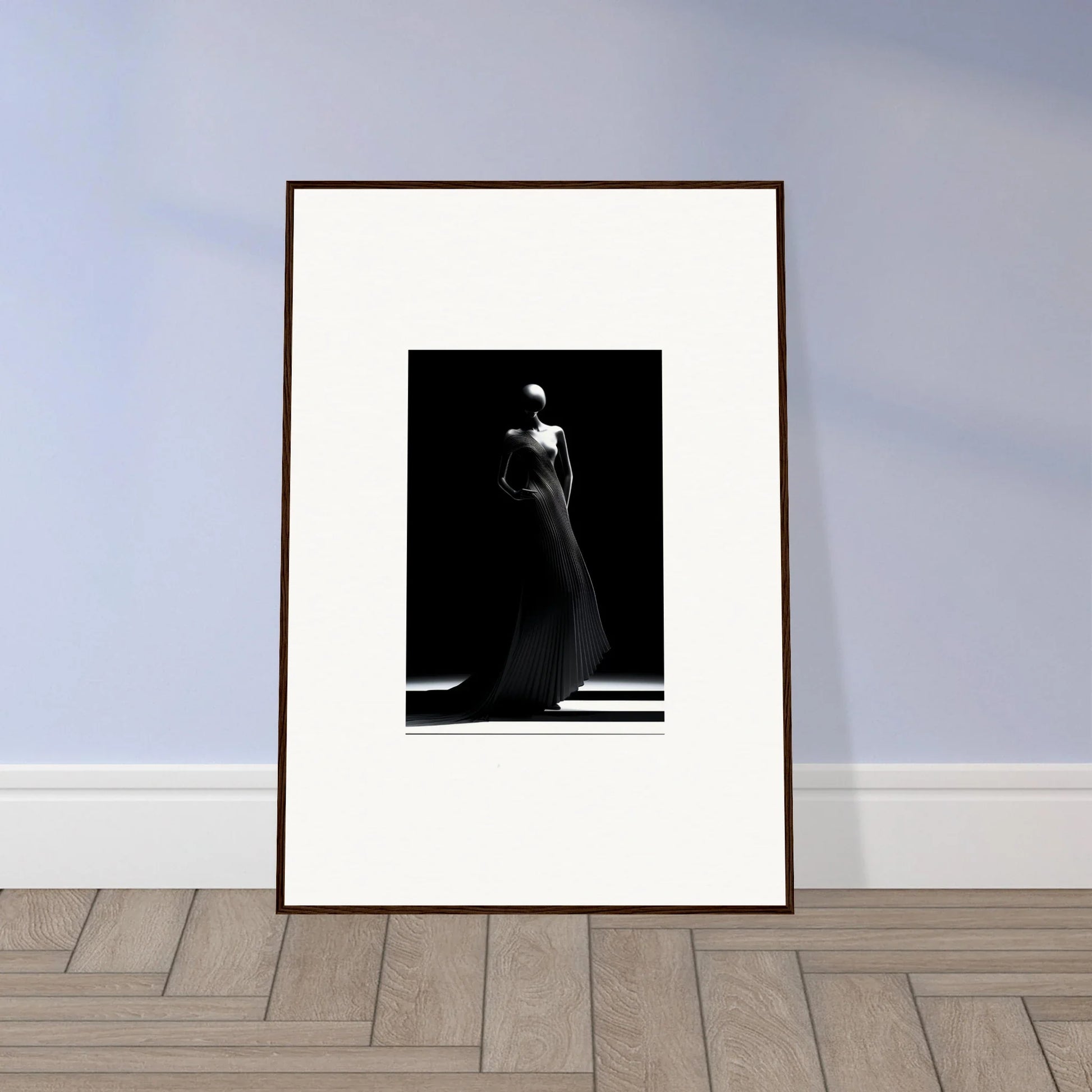 Framed black and white photo of a silhouette in a flowing dress from Echoes Velvet Mirage