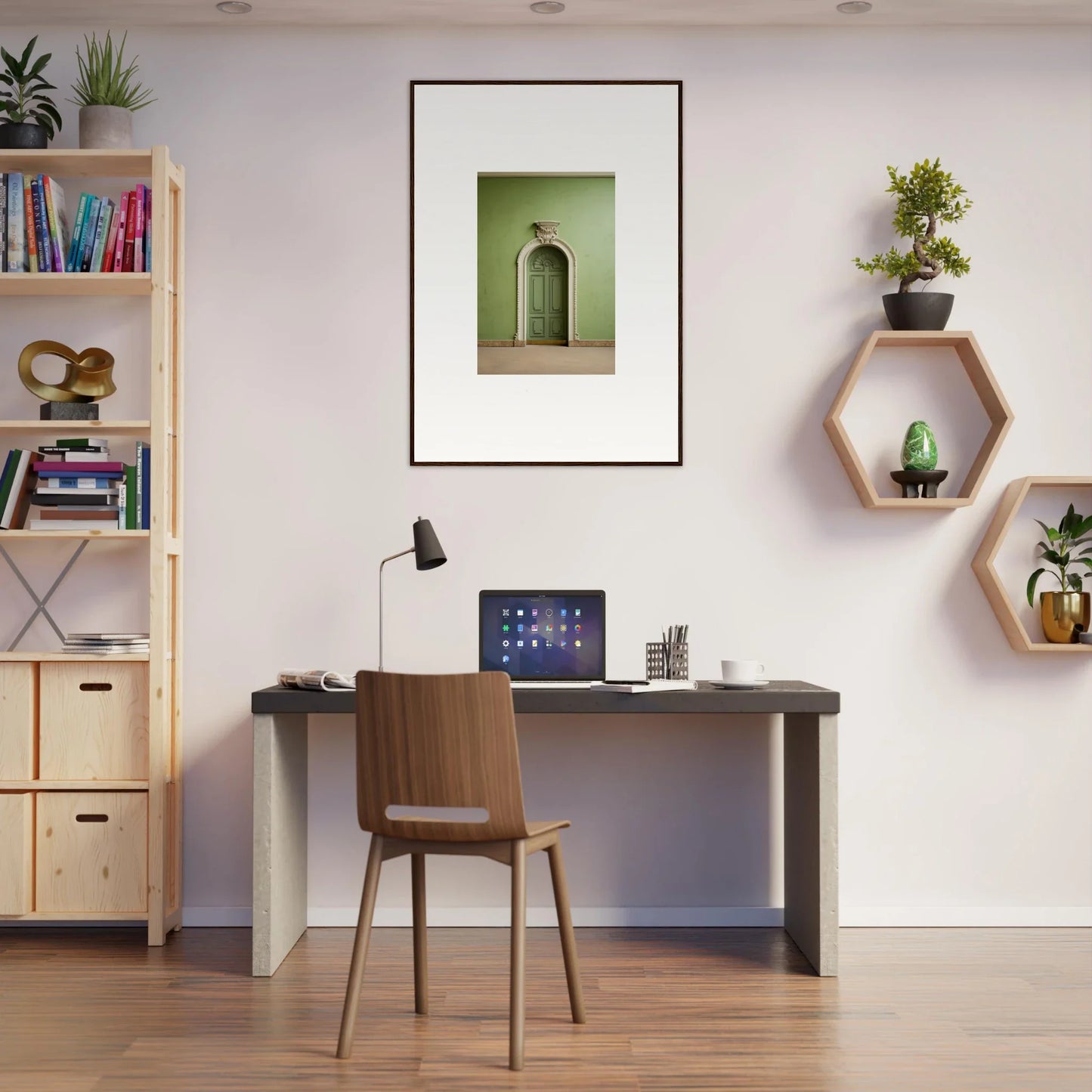 Simple home office with dark desk, wooden chair, and Verdant Illusion Sphere art