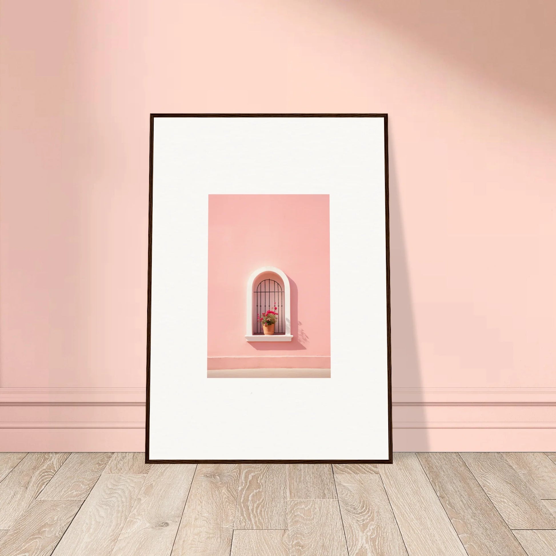 Framed Sunset Silhouette Romance art print showcasing a pink wall and arched window niche