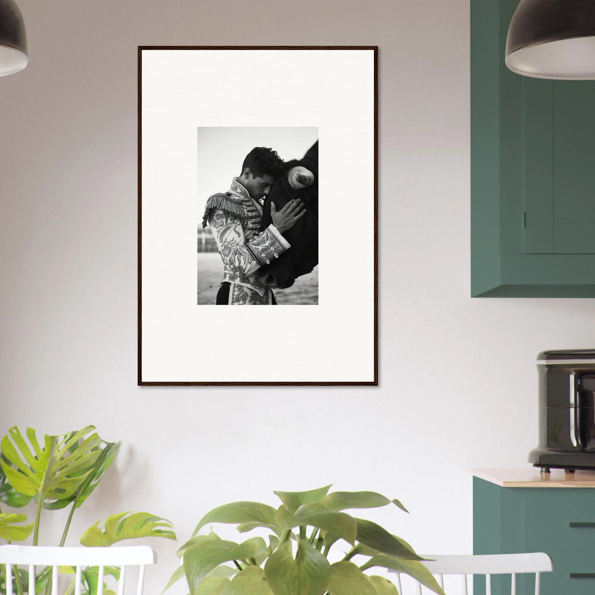 Framed black and white photo on wall showcasing Triumphant Shadows Embrace special edition art™