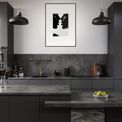 Modern dark gray kitchen featuring premium framed wall art from Lattices of Ephemera