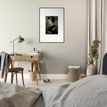 Minimalist bedroom workspace featuring Cherry Dream Surrealism framed wall art